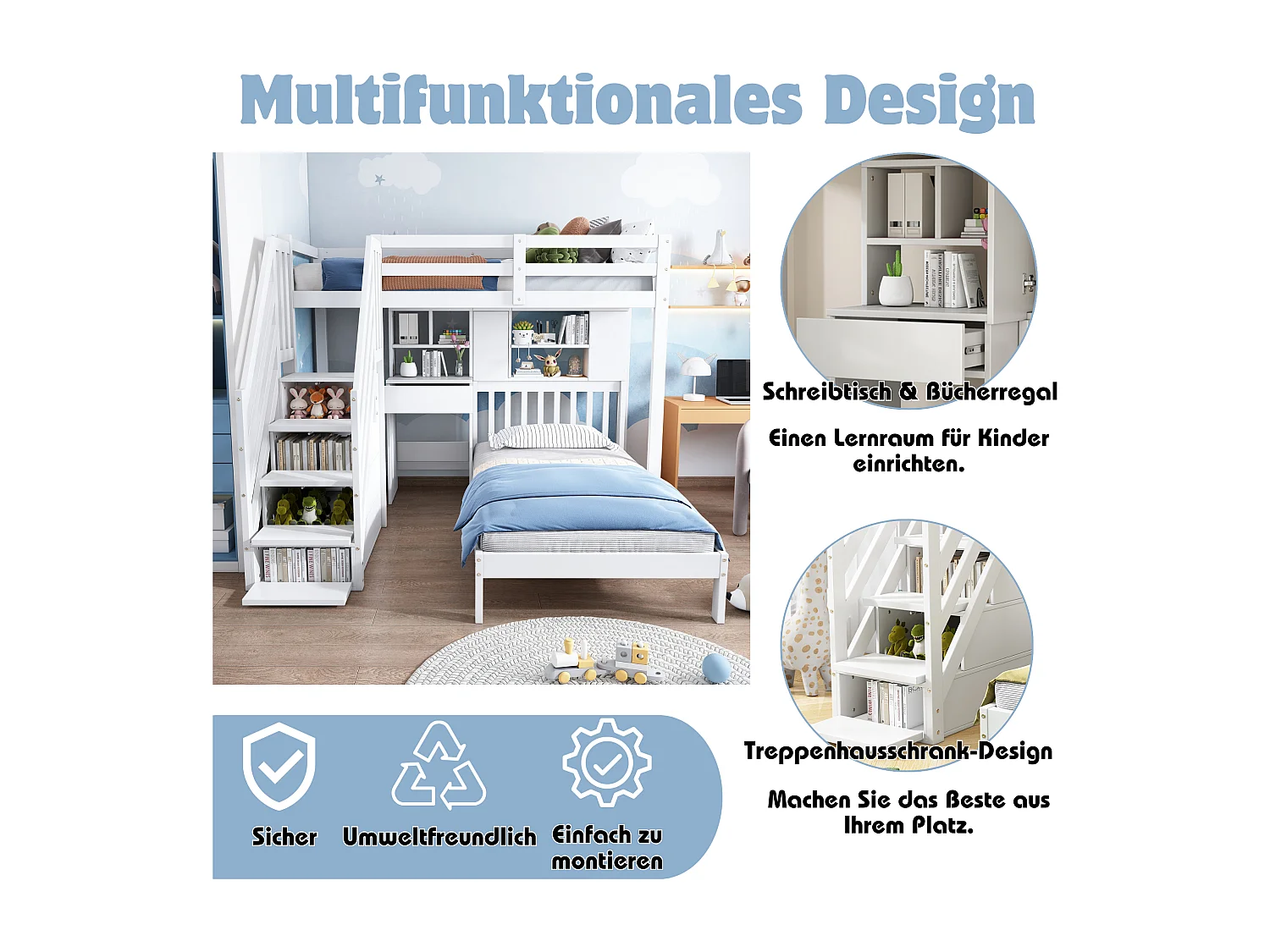 Beliche infantil 90x200 cm em madeira maciça com escrivaninha, arrumação e prateleiras em branco