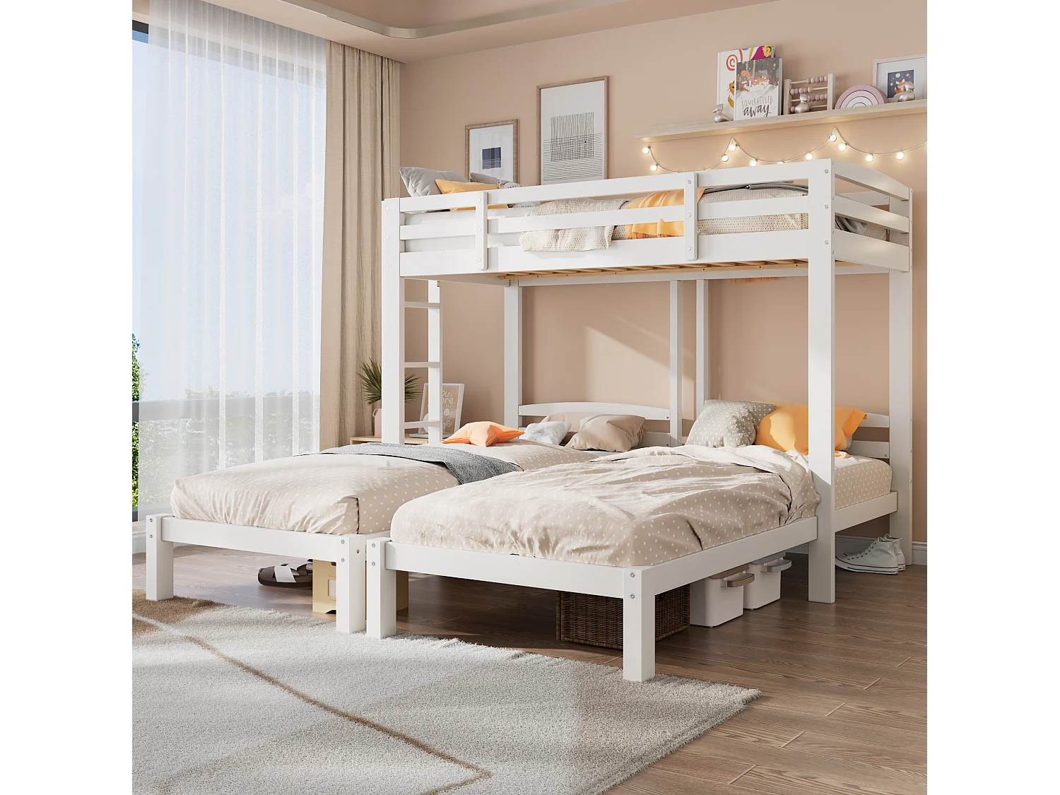 Litera triple 90x200 cm madera maciza blanca para niños y adolescentes
