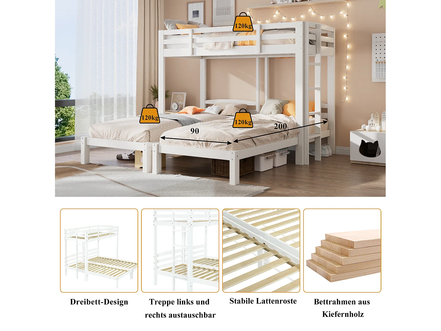 Litera triple 90x200 cm madera maciza blanca para niños y adolescentes