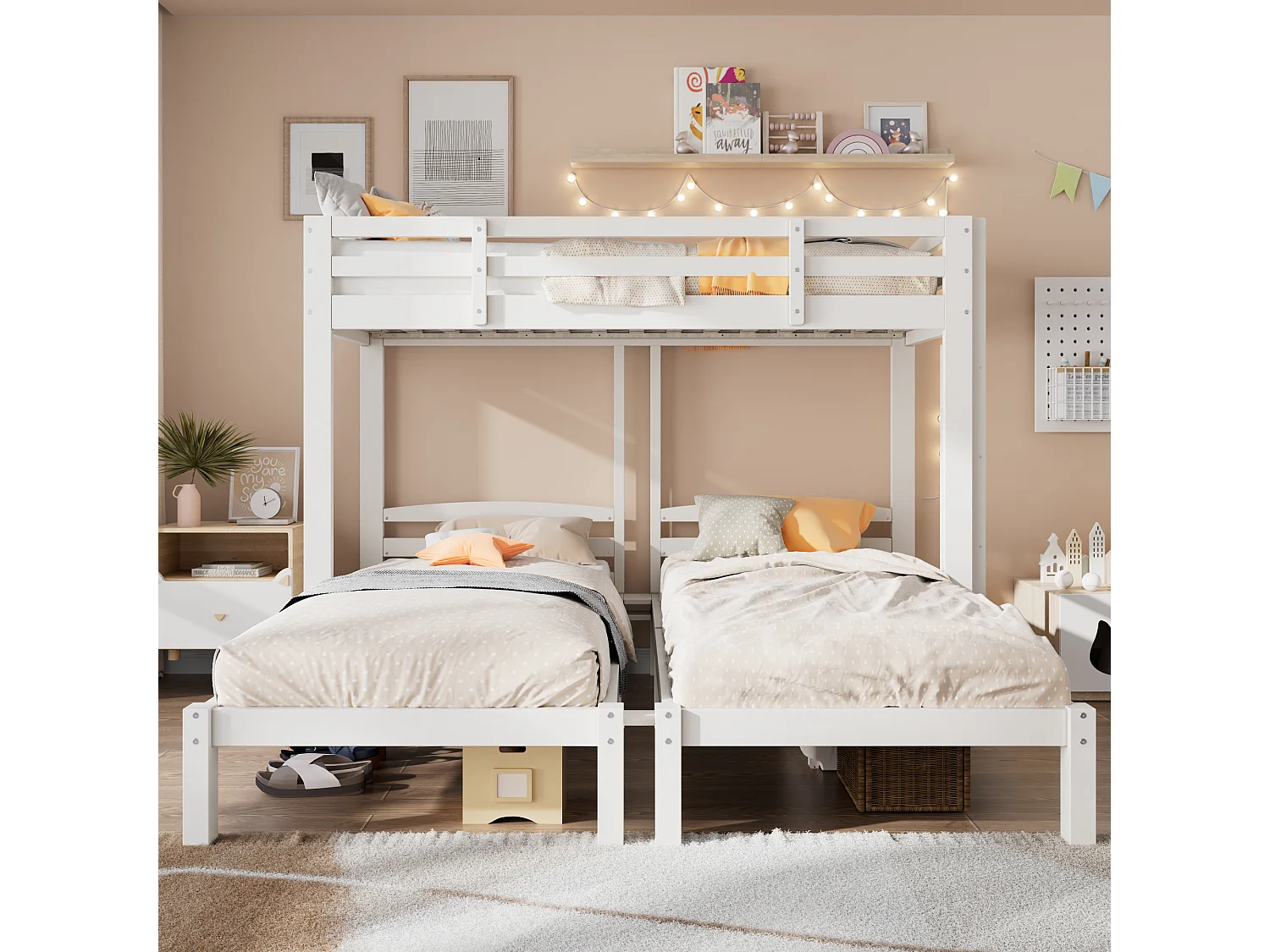Litera triple 90x200 cm madera maciza blanca para niños y adolescentes