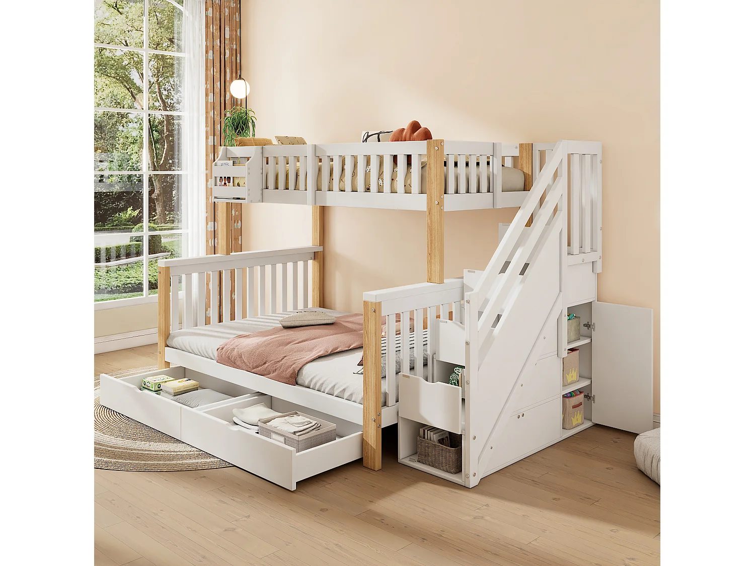 Litera infantil 90x200/140x200 madera maciza con escalera de almacenaje y cajones blanco/natural