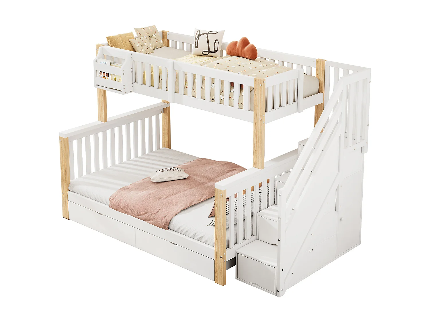 Litera infantil 90x200/140x200 madera maciza con escalera de almacenaje y cajones blanco/natural