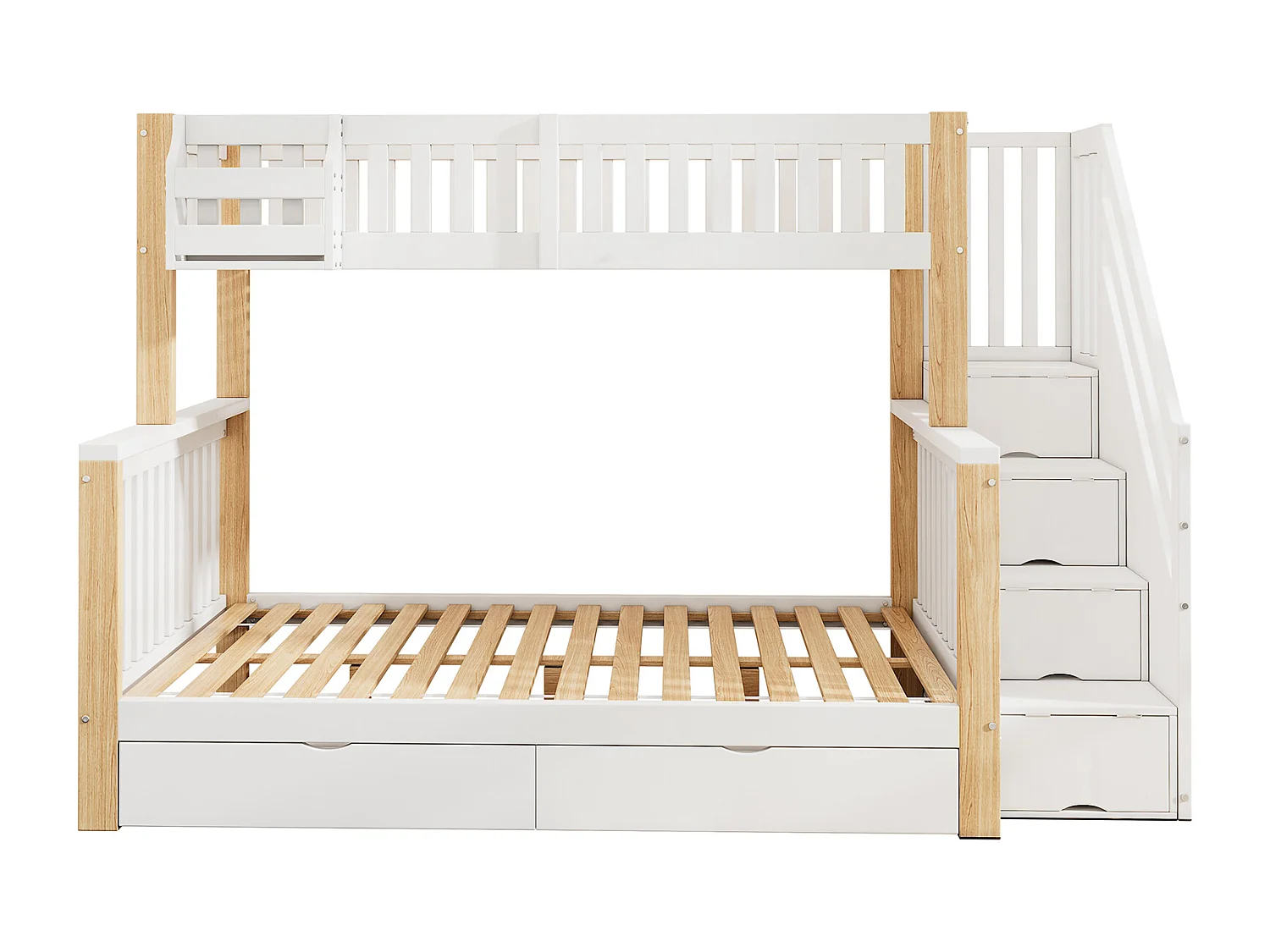 Litera infantil 90x200/140x200 madera maciza con escalera de almacenaje y cajones blanco/natural