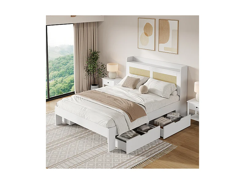 Coffre doppio illuminato 140x200 cm in legno massiccio con decorazioni rotin, tiroirs et rangement, blanc, sans matelas