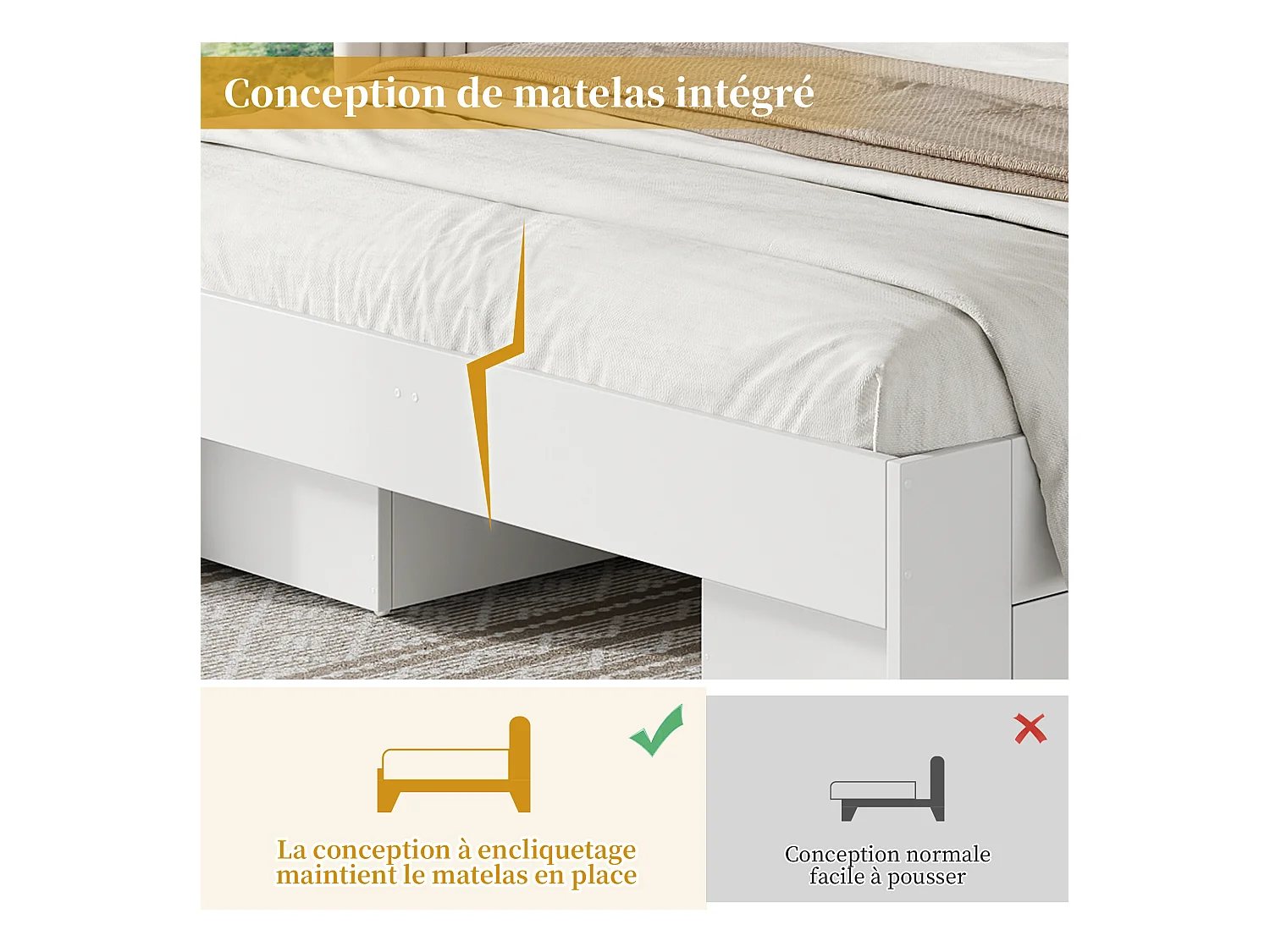 Cama doble con canapé 140x200 cm en madera maciza con decoración de ratán, cajones y almacenaje, color blanco, sin colchón