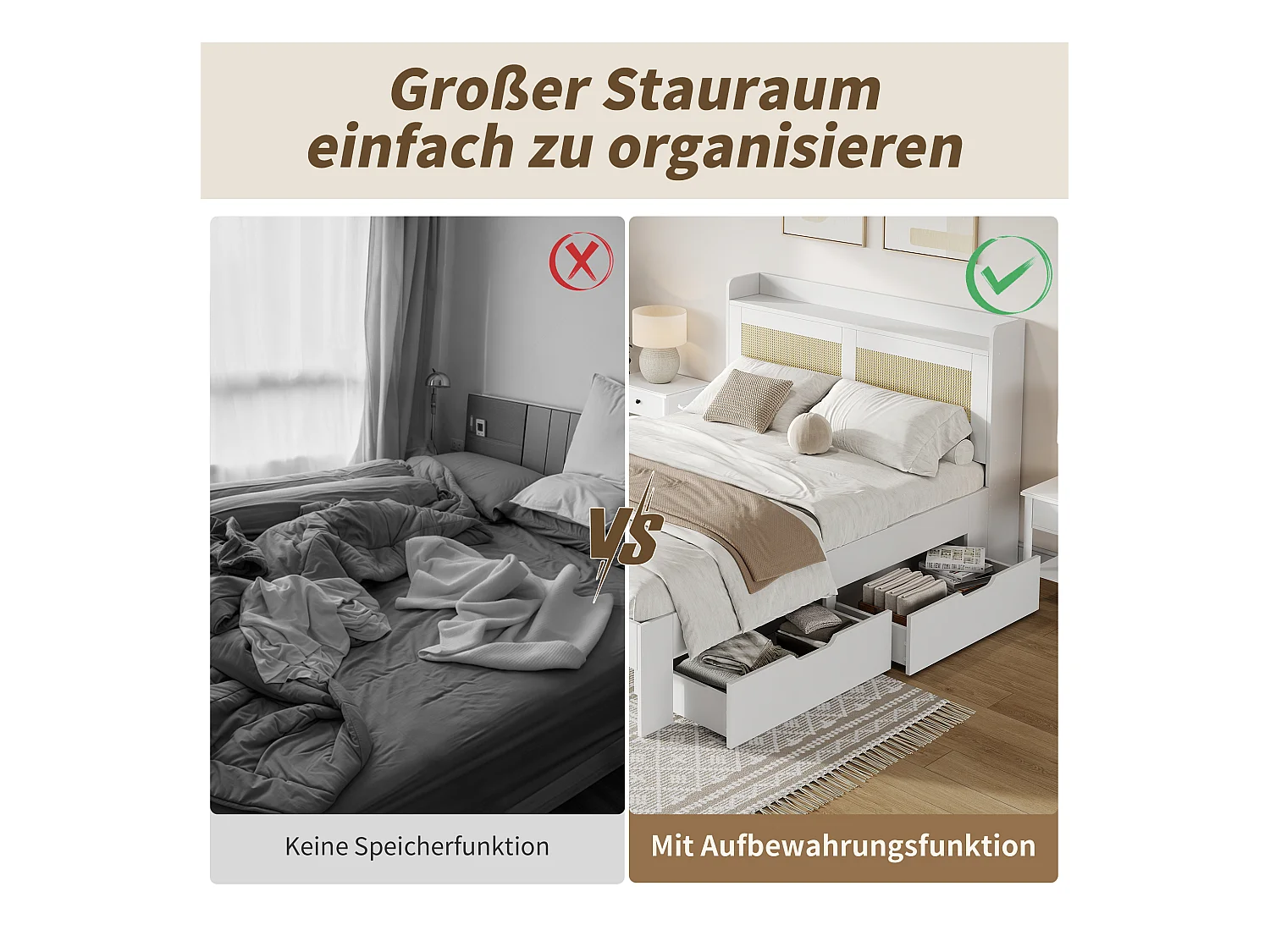 Cama doble con canapé 140x200 cm en madera maciza con decoración de ratán, cajones y almacenaje, color blanco, sin colchón