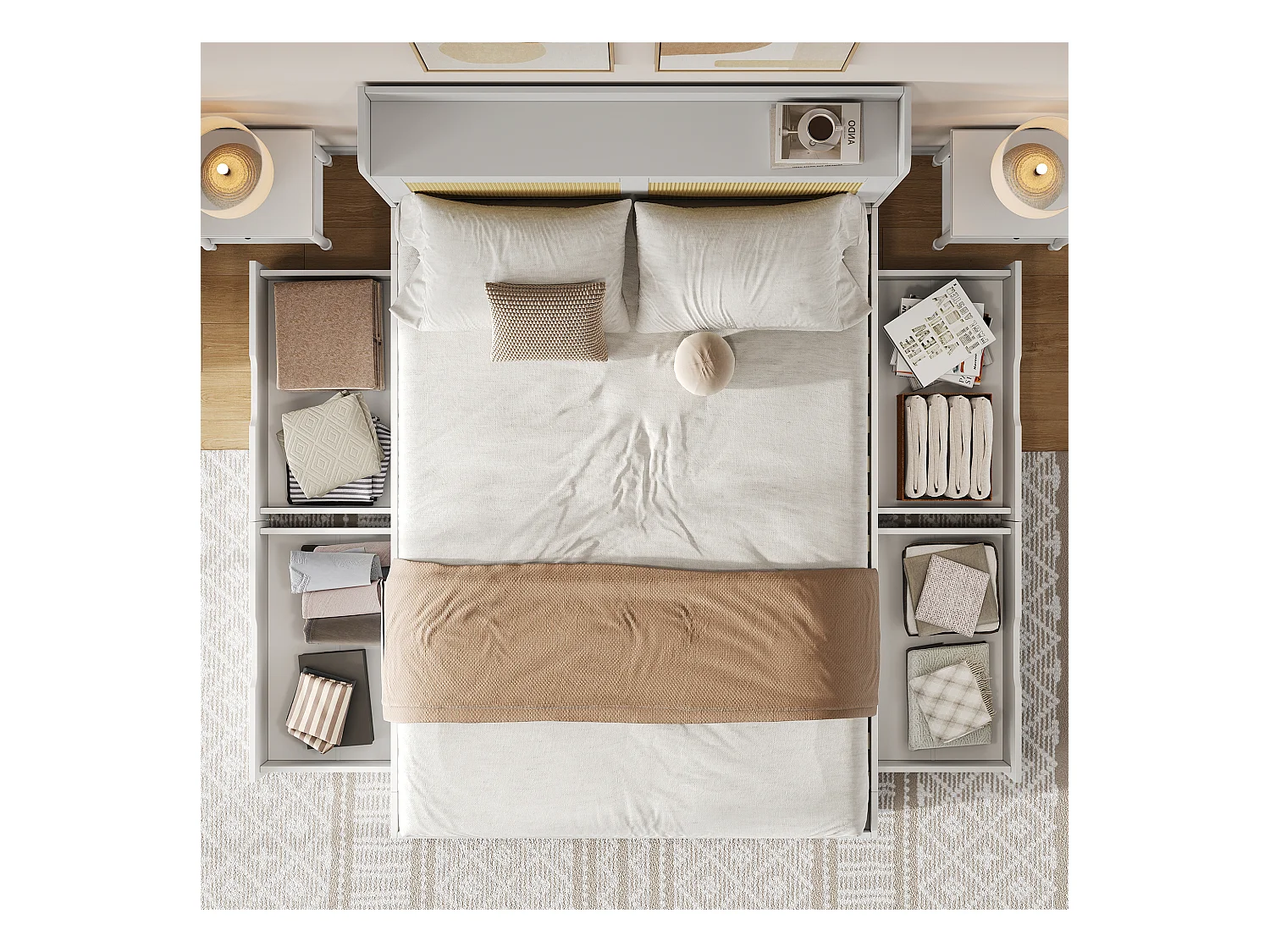 Cama doble con canapé 140x200 cm en madera maciza con decoración de ratán, cajones y almacenaje, color blanco, sin colchón