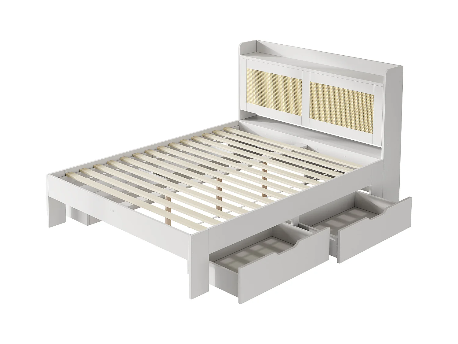 Cama doble con canapé 140x200 cm en madera maciza con decoración de ratán, cajones y almacenaje, color blanco, sin colchón