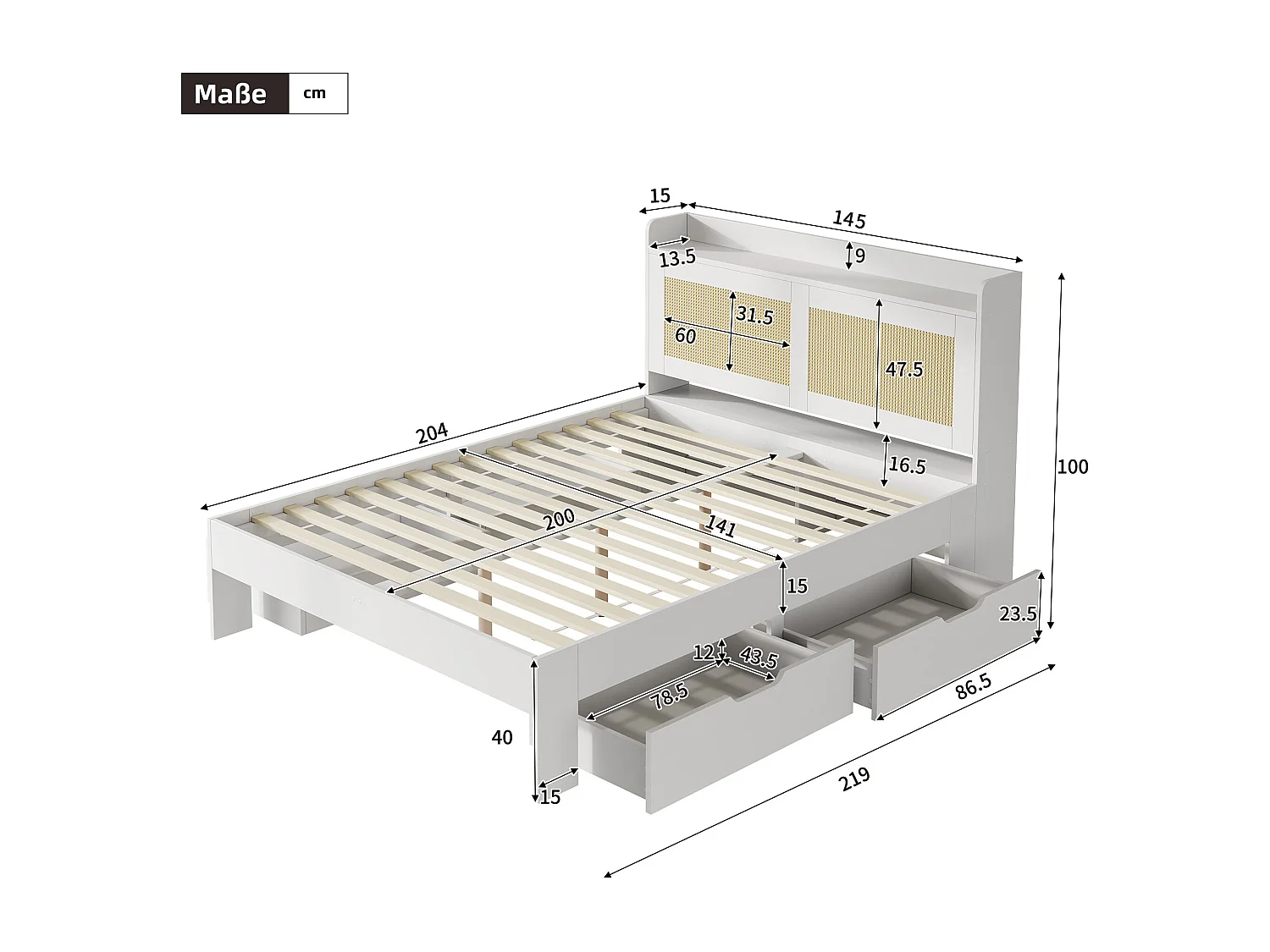 Cama doble con canapé 140x200 cm en madera maciza con decoración de ratán, cajones y almacenaje, color blanco, sin colchón