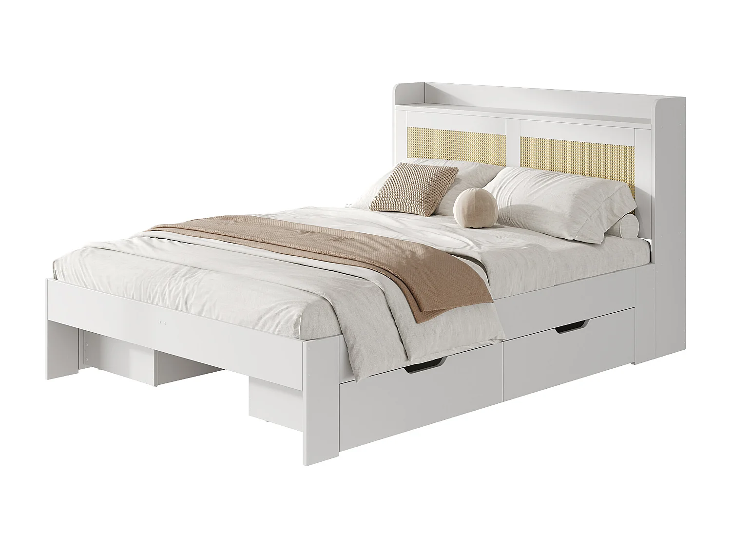 Cama doble con canapé 140x200 cm en madera maciza con decoración de ratán, cajones y almacenaje, color blanco, sin colchón