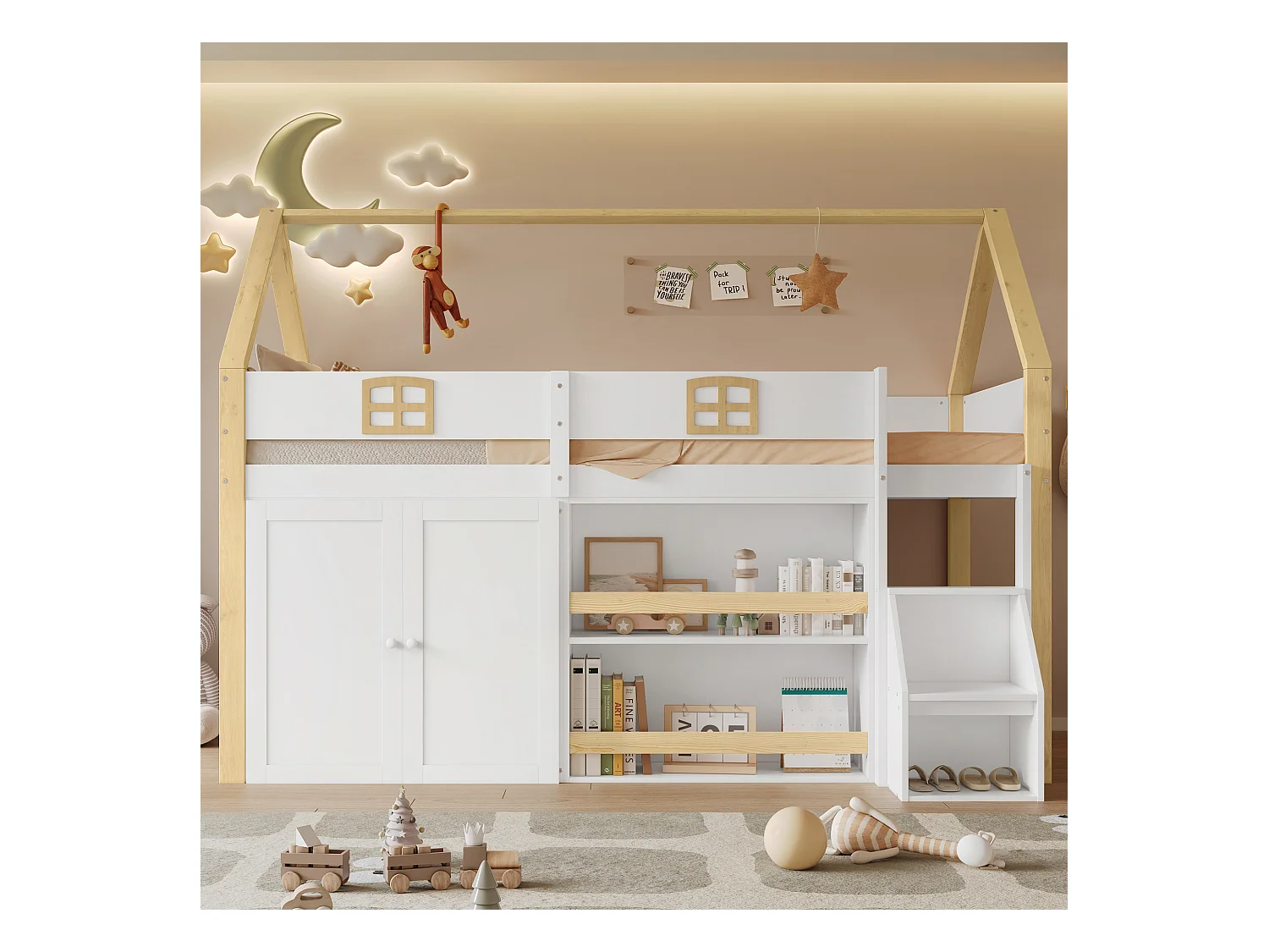 Beliche infantil de madeira 90x200 cm com escada de armazenamento, prateleiras, guarda-roupa branco+natural