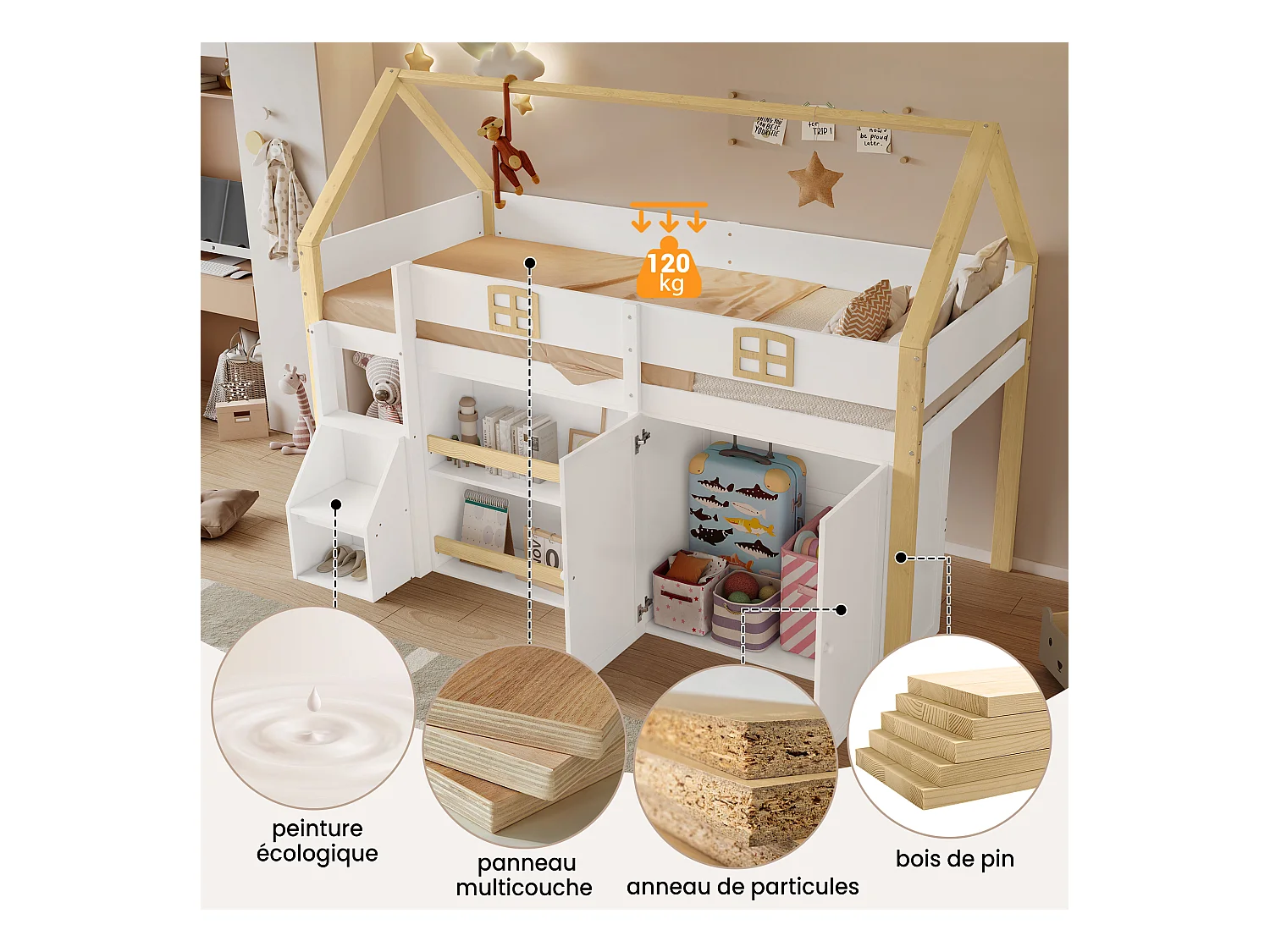 Beliche infantil de madeira 90x200 cm com escada de armazenamento, prateleiras, guarda-roupa branco+natural