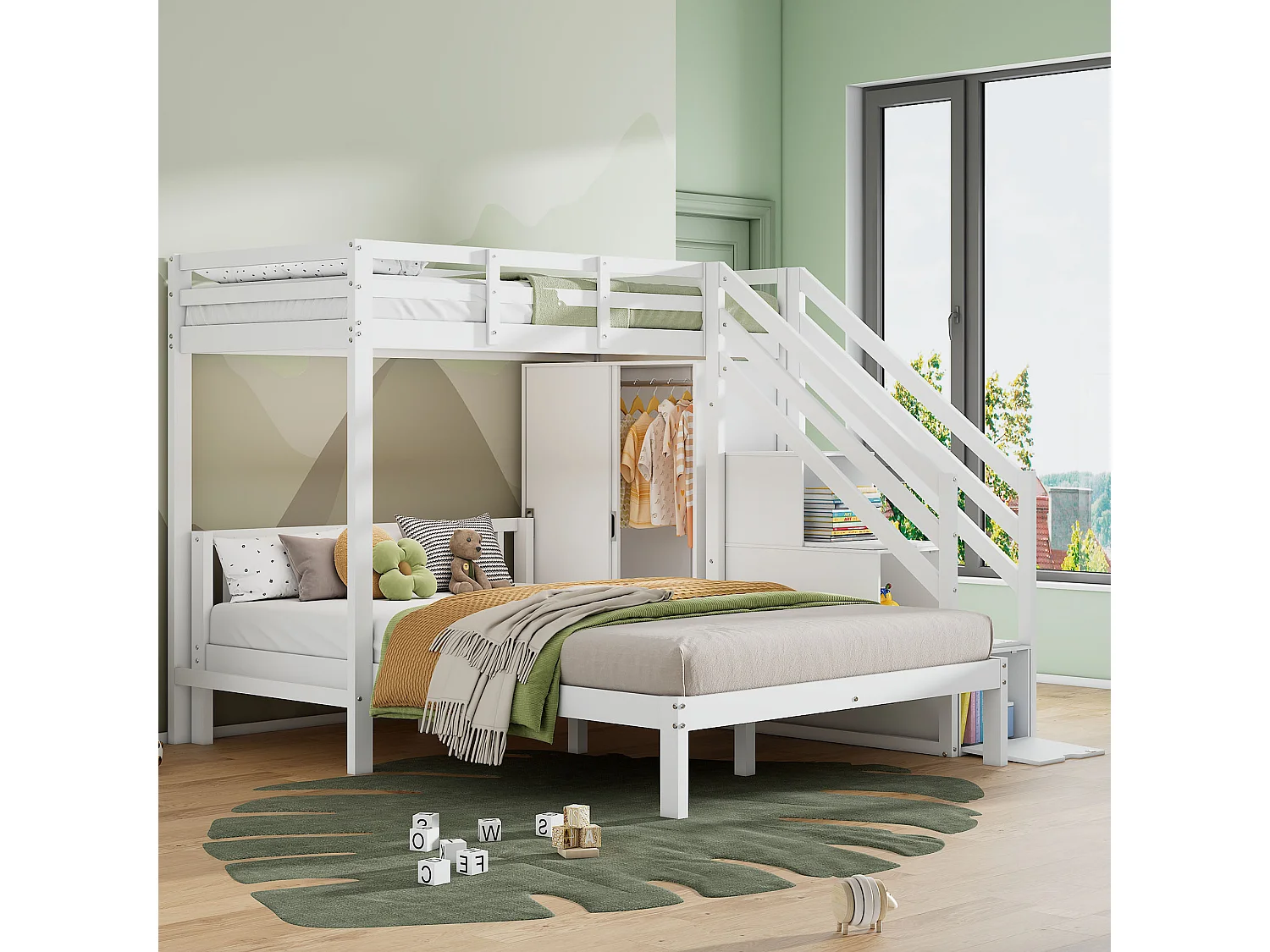 Litera infantil 90x200 + 140x200 en madera maciza con almacenaje y armario en color blanco