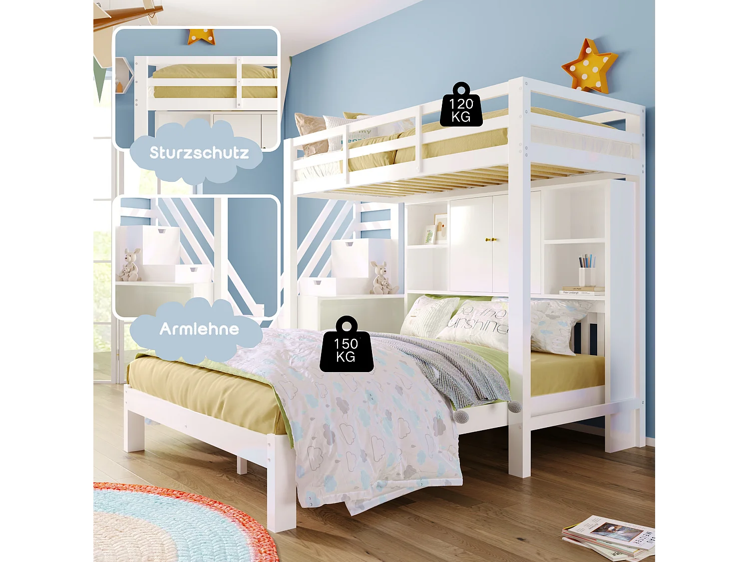 Lit superposé enfant 90x200 + 140x200 in legno massiccio con rangement, scrivania mobile e scala bianca