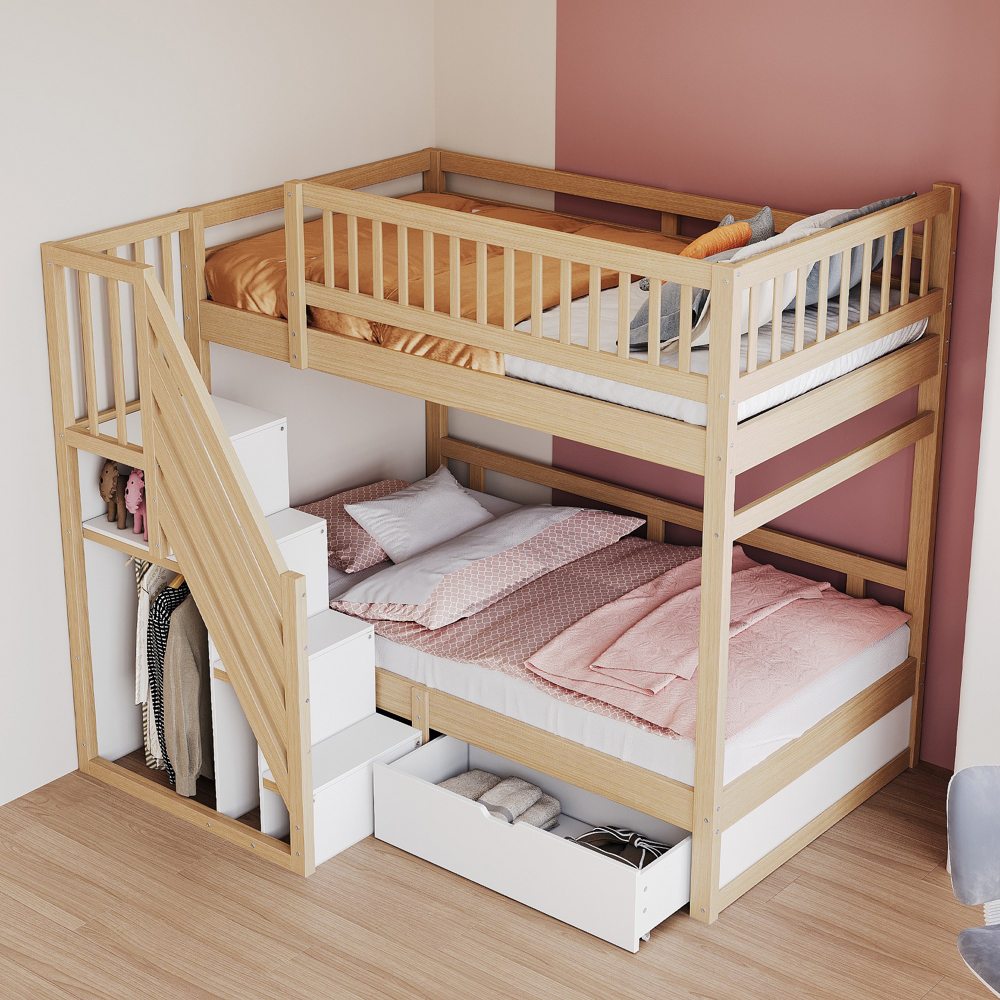 Lit Superpos 90x200cm Bois Massif Avec Tiroirs Et Escalier S curis 