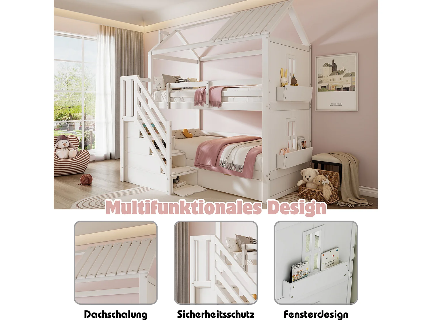 Litera infantil 90x200 madera maciza con cajones y estantes de almacenaje color blanco