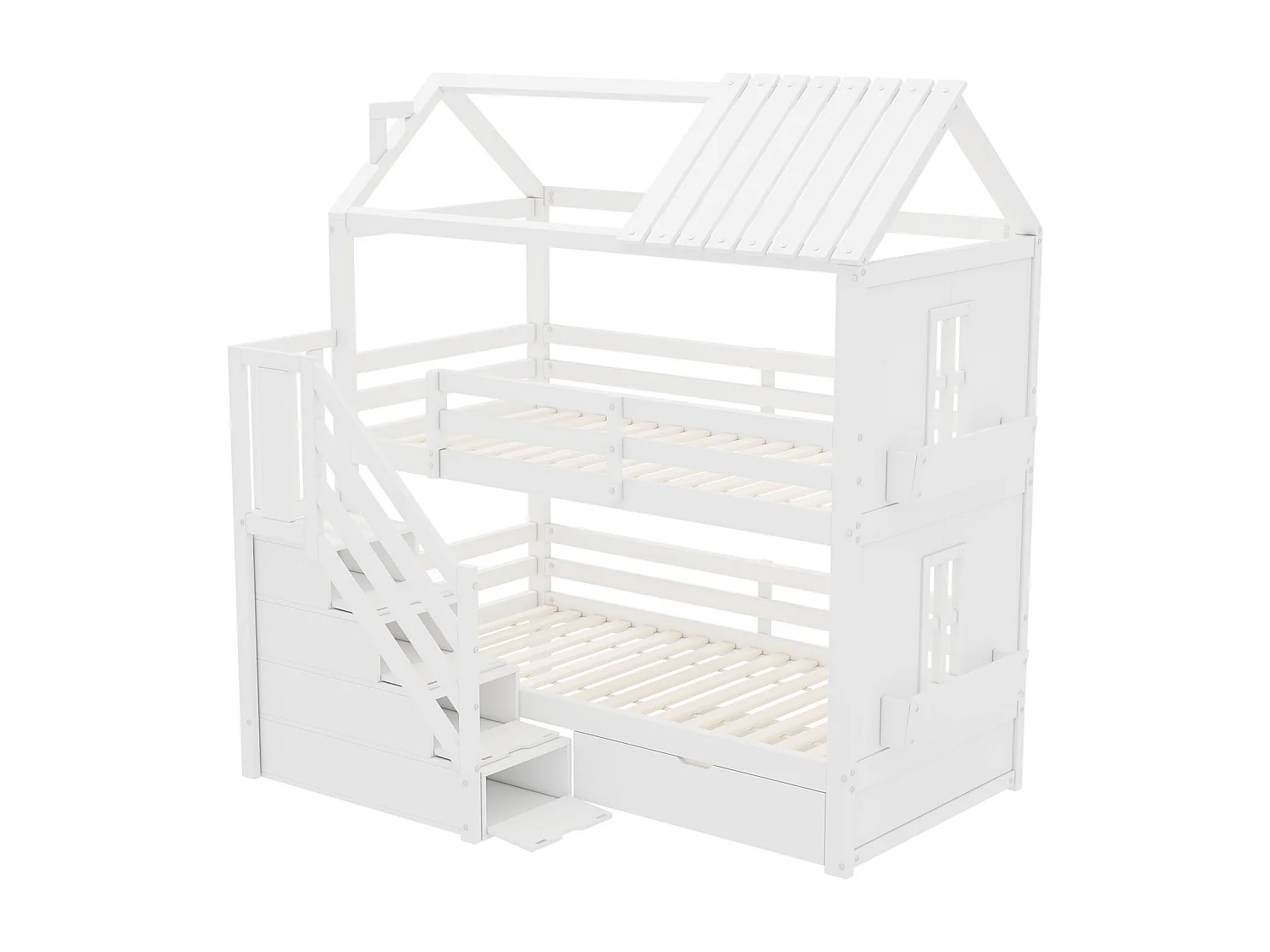 Litera infantil 90x200 madera maciza con cajones y estantes de almacenaje color blanco