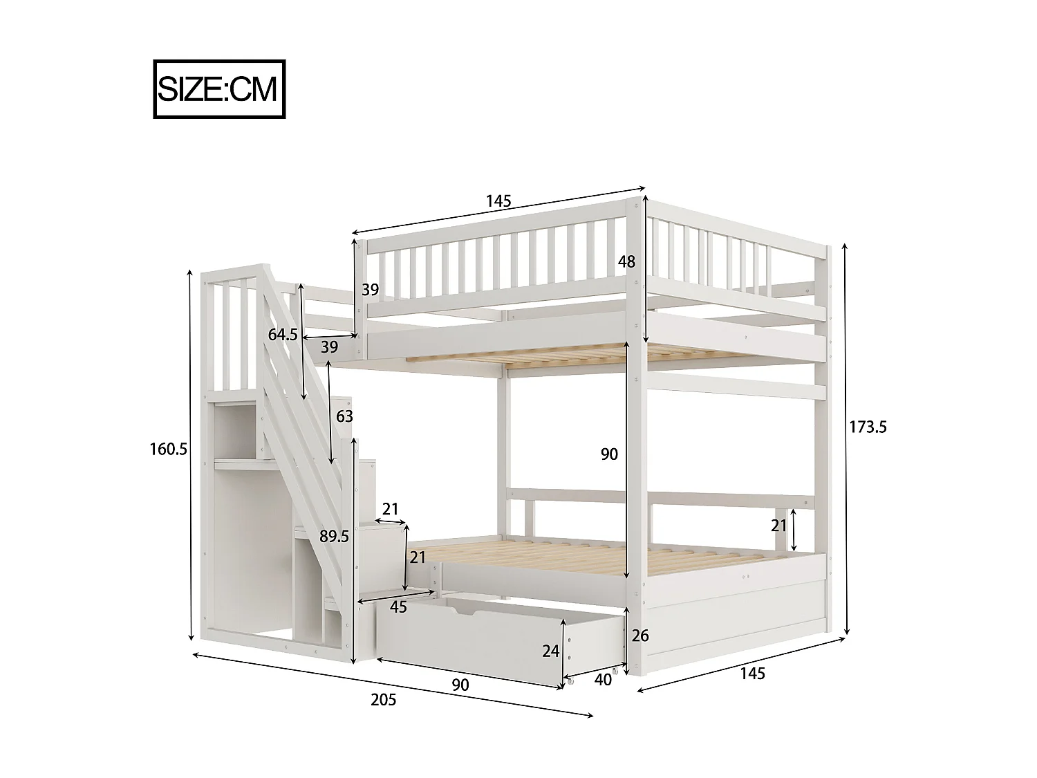 Litera de madera maciza de 140x200 cm con cajón de almacenamiento y escalera de seguridad Blanca