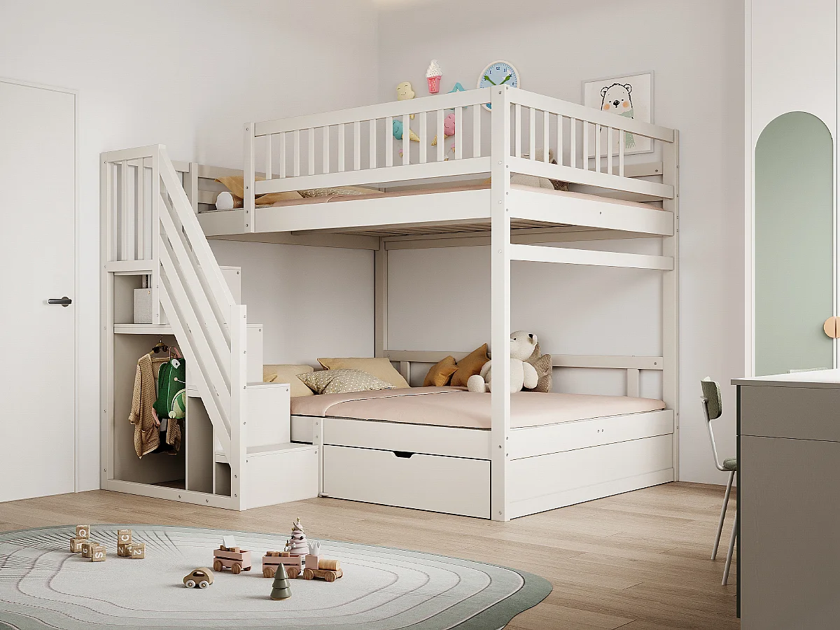 Litera de madera maciza de 140x200 cm con cajón de almacenamiento y escalera de seguridad Blanca