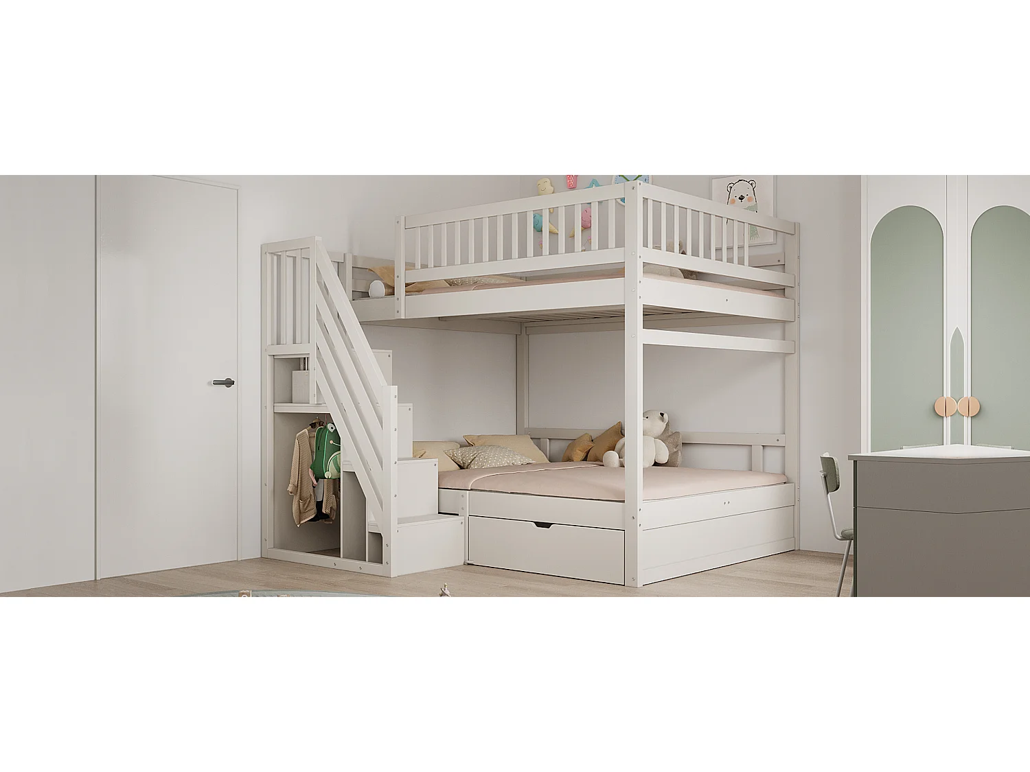 Litera de madera maciza de 140x200 cm con cajón de almacenamiento y escalera de seguridad Blanca