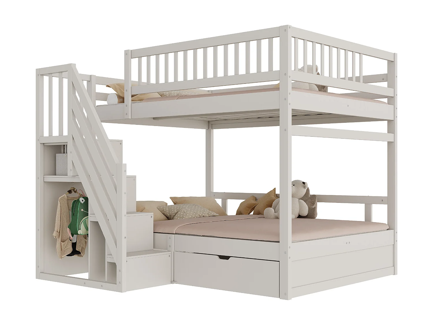 Litera de madera maciza de 140x200 cm con cajón de almacenamiento y escalera de seguridad Blanca