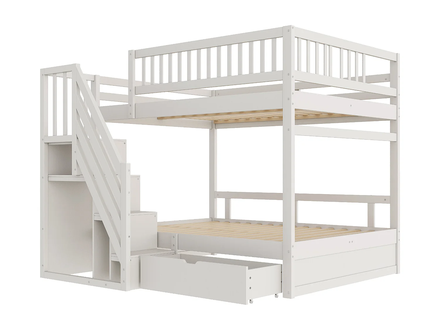 Litera de madera maciza de 140x200 cm con cajón de almacenamiento y escalera de seguridad Blanca