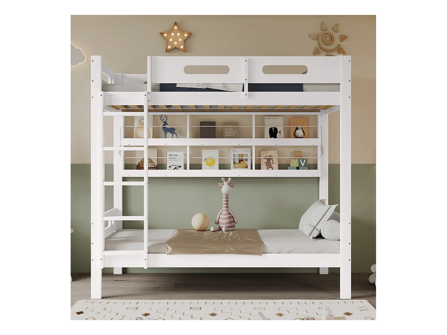 Litera infantil 90x200 cm pino + MDF con estantes abiertos, 5 escalones, almacenaje blanco