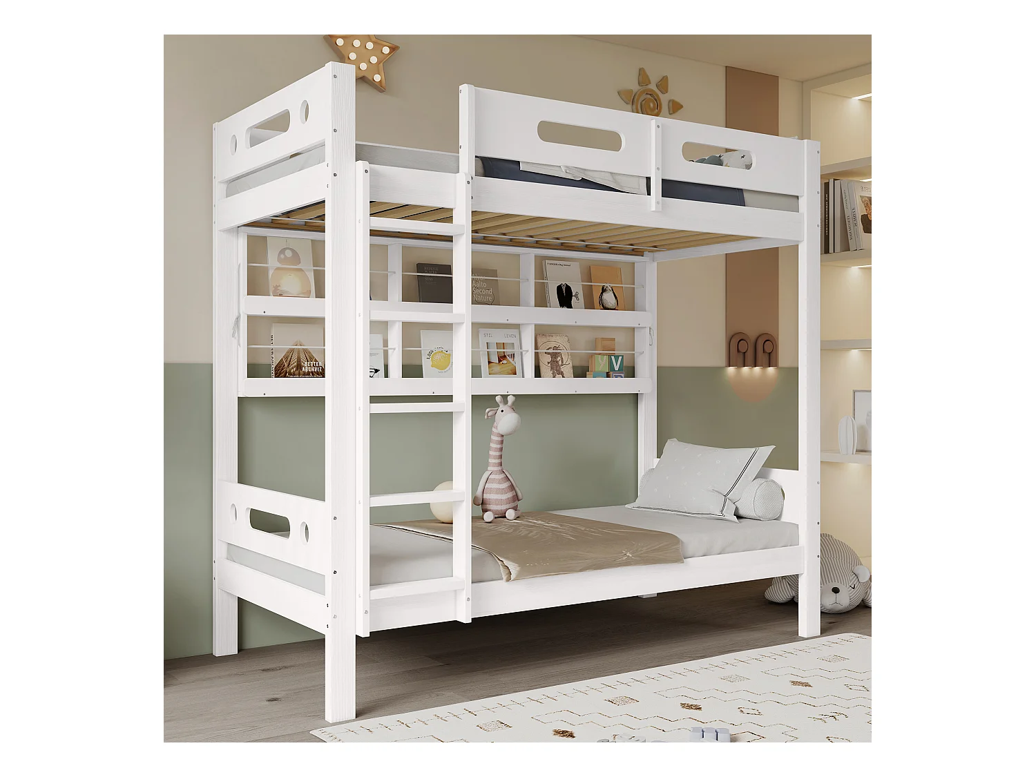 Litera infantil 90x200 cm pino + MDF con estantes abiertos, 5 escalones, almacenaje blanco