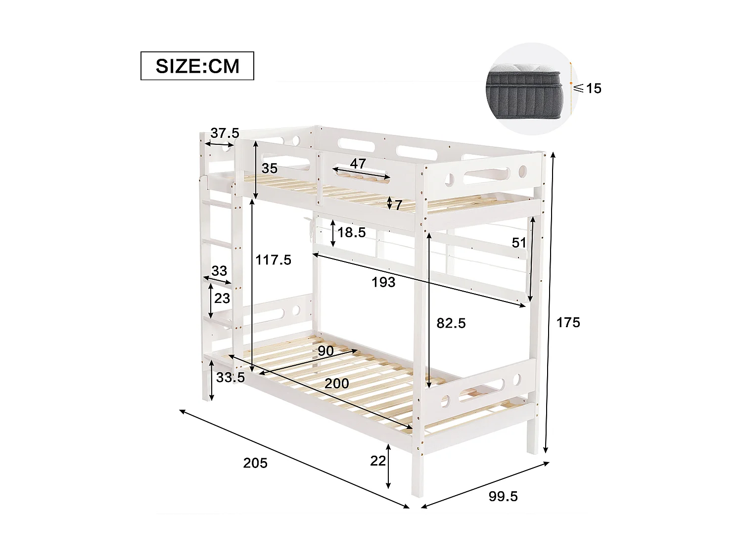 Lit superposé enfant 90x200 cm pin+MDF con étagères ouvertes, 5 marce, rangement blanc