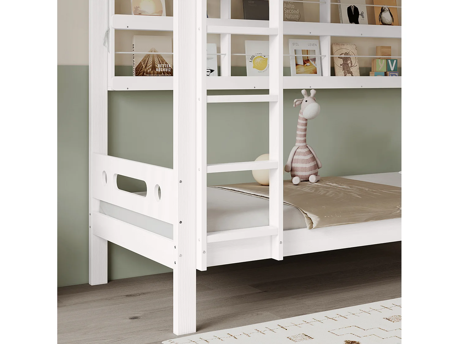 Lit superposé enfant 90x200 cm pin+MDF con étagères ouvertes, 5 marce, rangement blanc