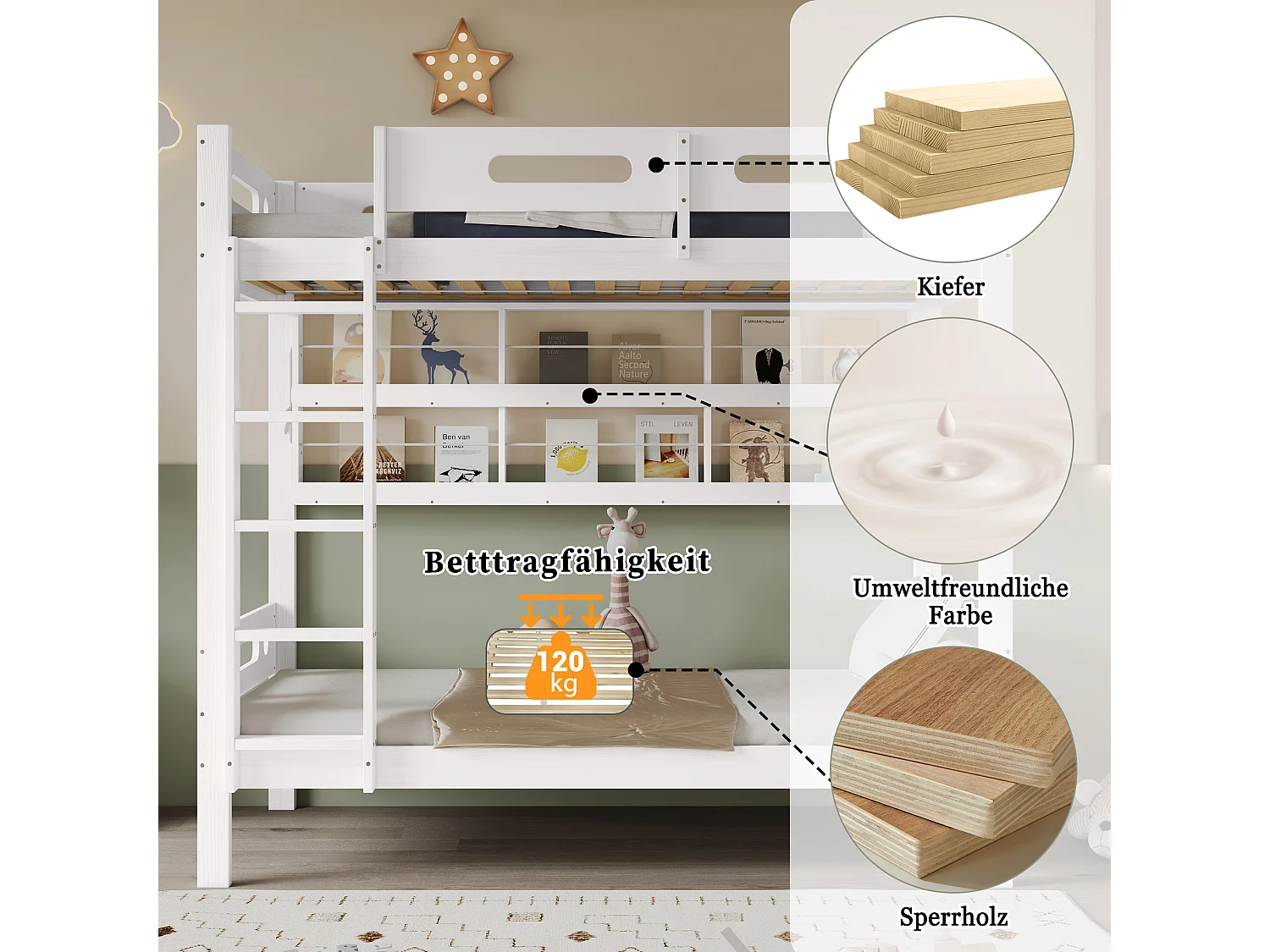 Lit superposé enfant 90x200 cm pin+MDF con étagères ouvertes, 5 marce, rangement blanc