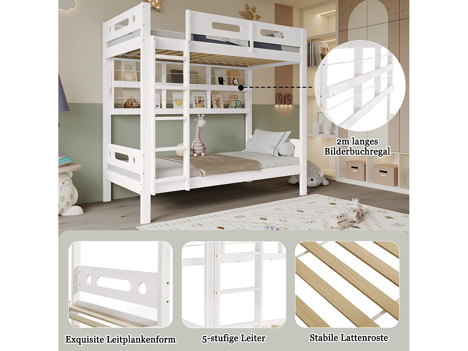 Lit superposé enfant 90x200 cm pin+MDF con étagères ouvertes, 5 marce, rangement blanc