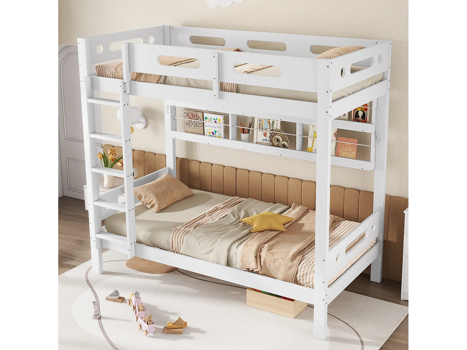 Lit superposé enfant 90x200 cm pin+MDF con étagères ouvertes, 5 marce, rangement blanc