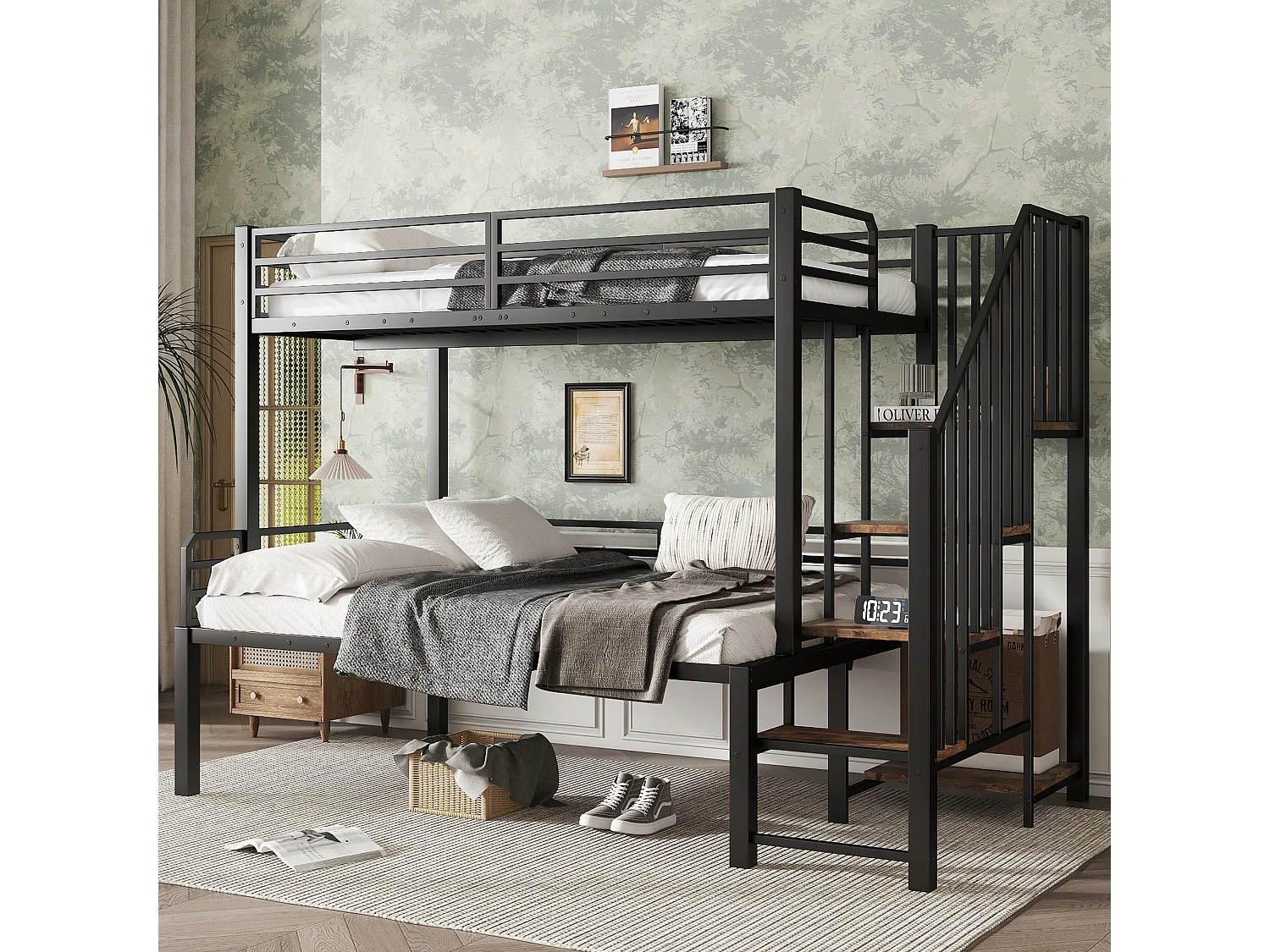 Beliche infantil de metal 90x200/120x200 cm com escada de armazenamento, preto e madeira vintage