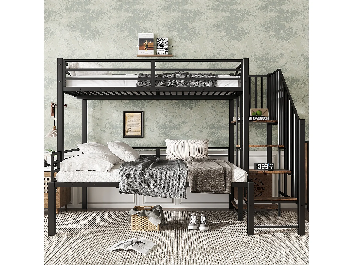 Beliche infantil de metal 90x200/120x200 cm com escada de armazenamento, preto e madeira vintage