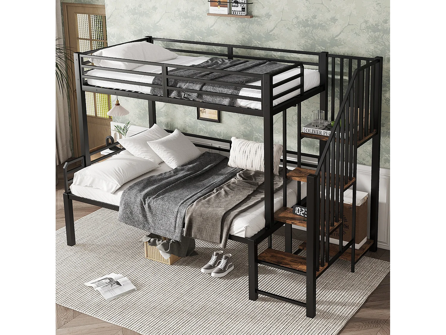 Beliche infantil de metal 90x200/120x200 cm com escada de armazenamento, preto e madeira vintage