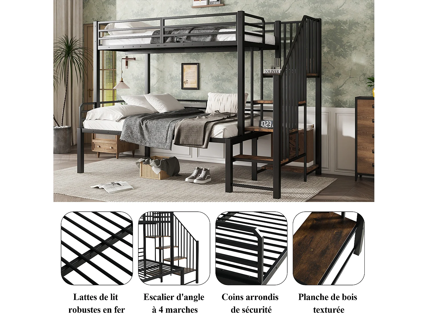 Beliche infantil de metal 90x200/120x200 cm com escada de armazenamento, preto e madeira vintage