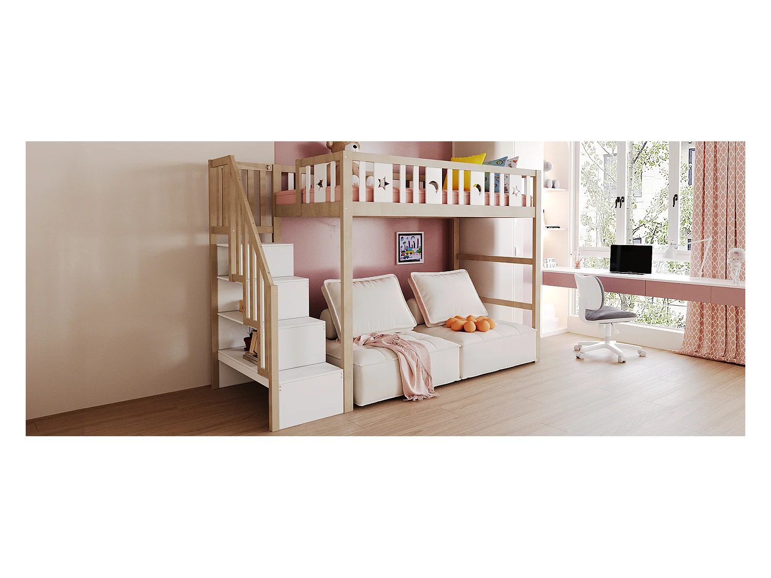 Litera 90x200cm madera maciza con cajones y escalera de seguridad estrellas y lunas blanco