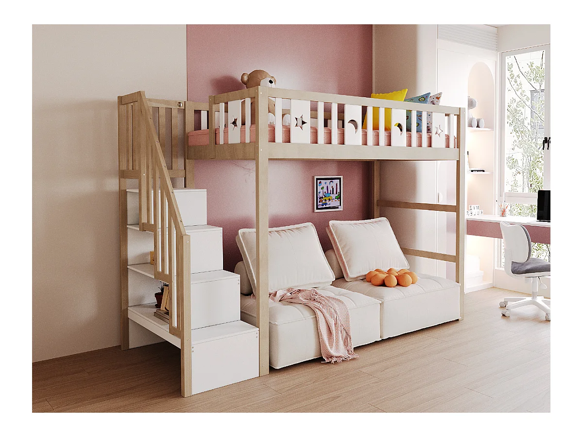 Litera 90x200cm madera maciza con cajones y escalera de seguridad estrellas y lunas blanco