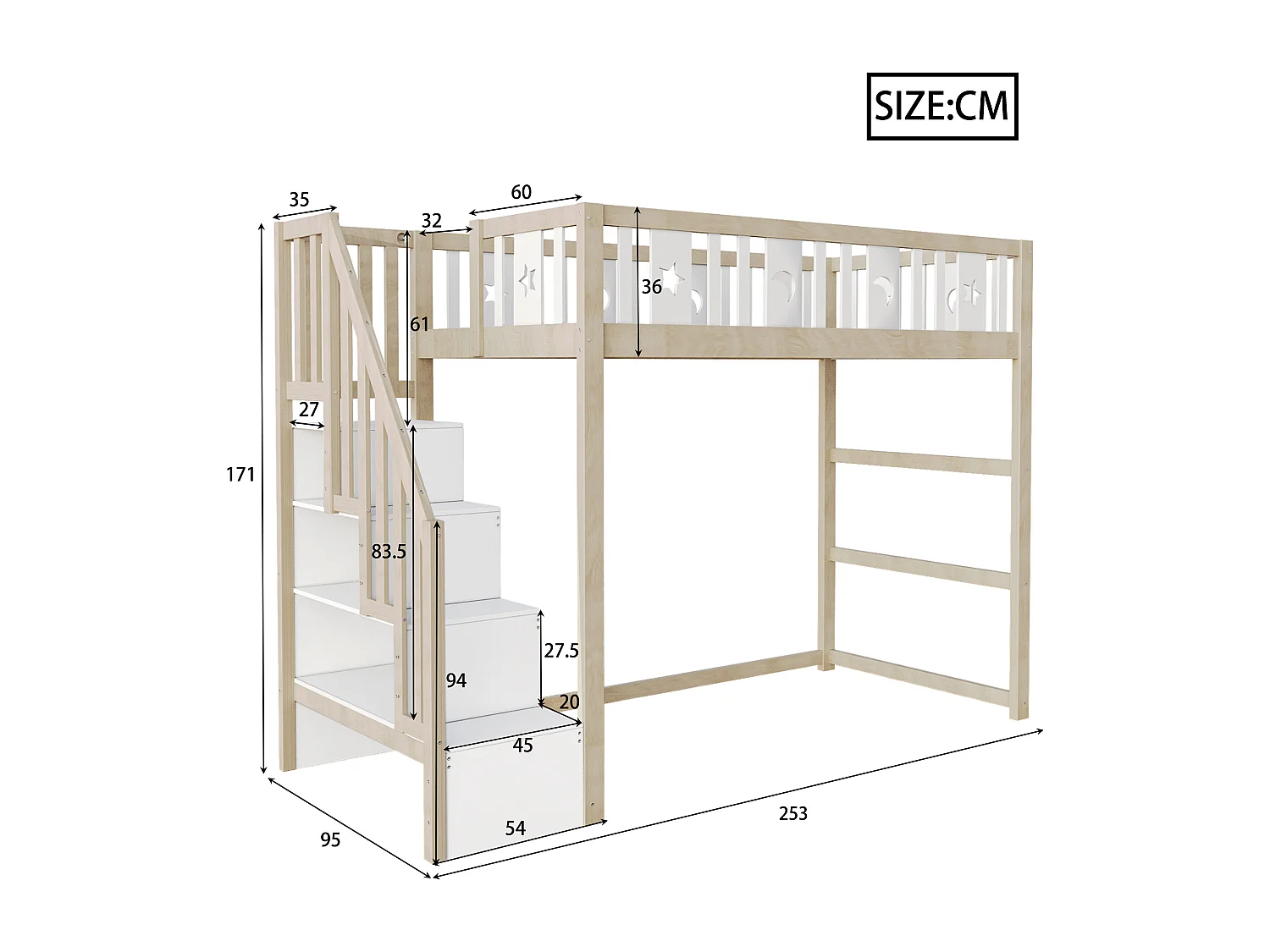 Litera 90x200cm madera maciza con cajones y escalera de seguridad estrellas y lunas blanco