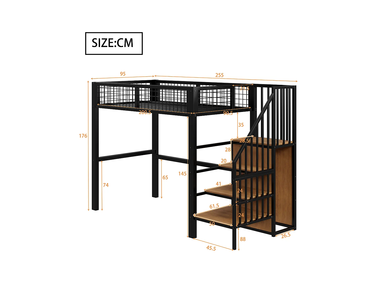 Cama alta de metal de 90x200 con escalera y armario negro para dormitorio infantil o juvenil