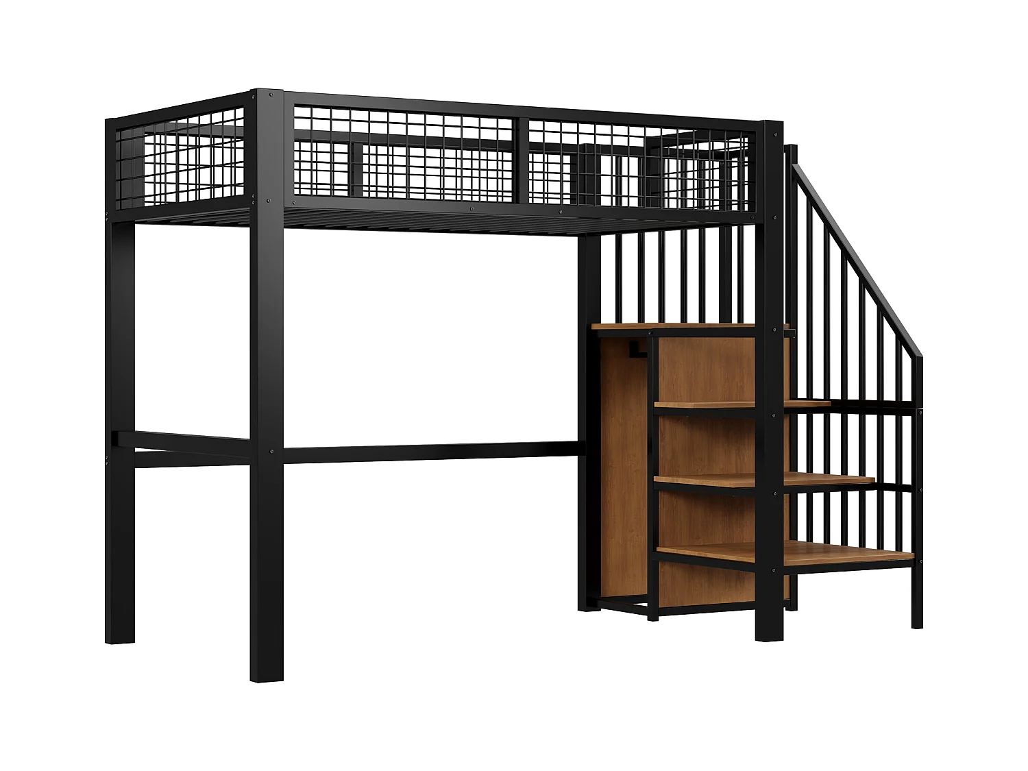 Cama alta de metal de 90x200 con escalera y armario negro para dormitorio infantil o juvenil