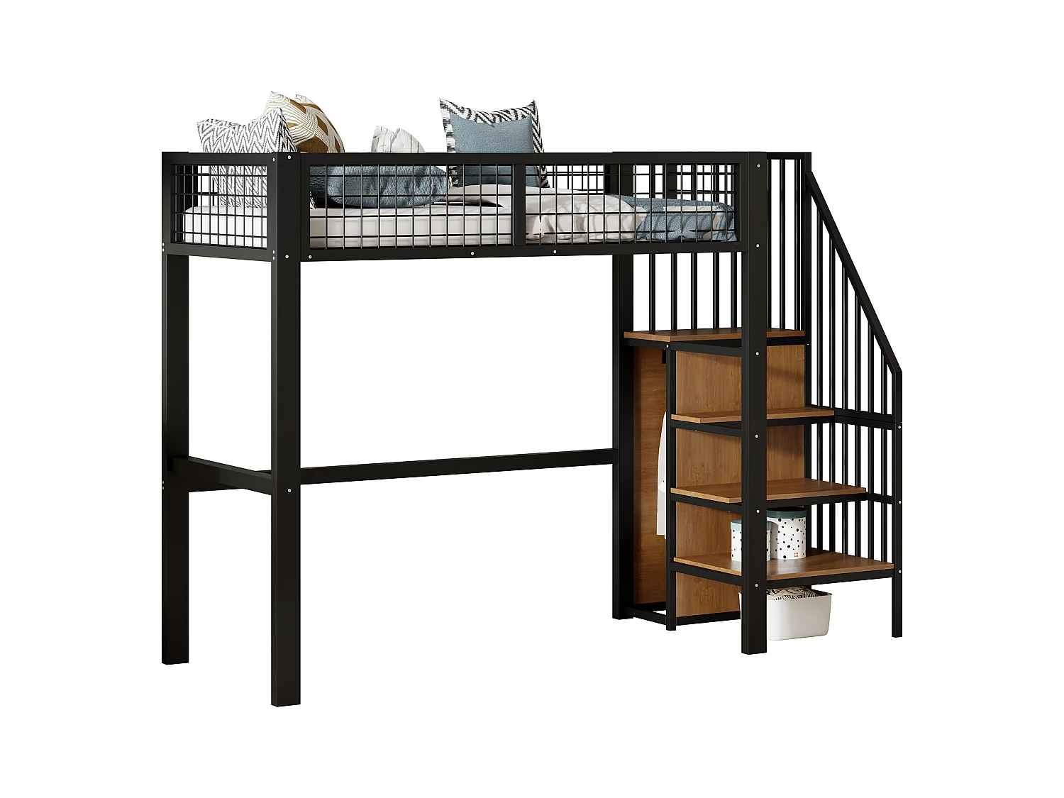 Cama alta de metal de 90x200 con escalera y armario negro para dormitorio infantil o juvenil