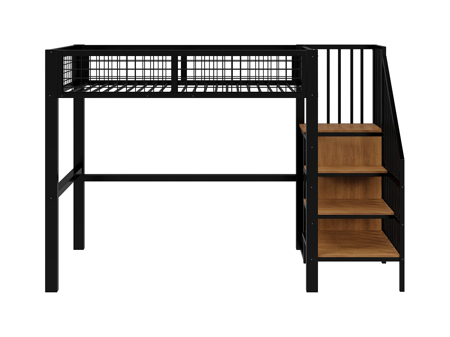 Cama alta de metal de 90x200 con escalera y armario negro para dormitorio infantil o juvenil