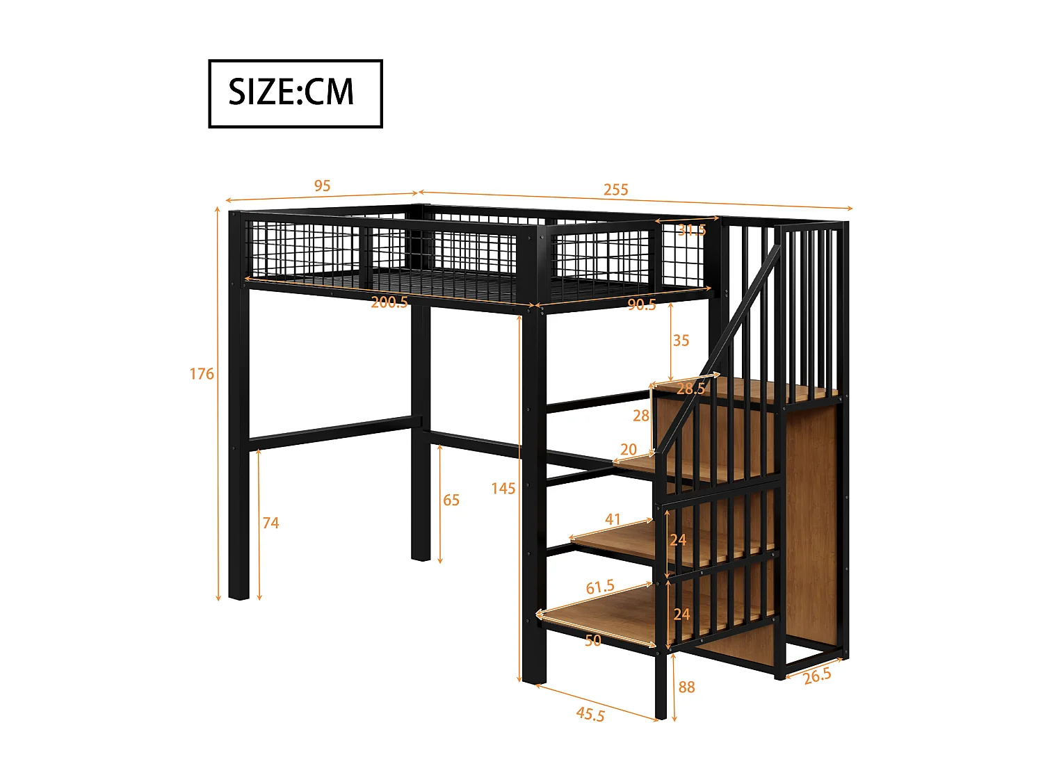 Cama mezanino de metal 90x200 com escada e guarda-roupa preto para quarto de criança ou adolescente