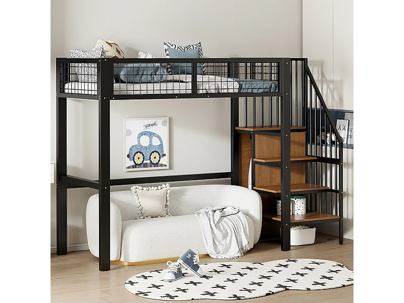 Soppalco illuminato 90x200 in metallo con échelle e rangement penderie noir pour chambre enfant ou ado