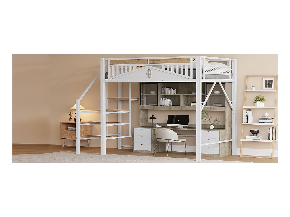 Cama mezanino de metal branco 140x200 cm com segurança e espaço de armazenamento para crianças