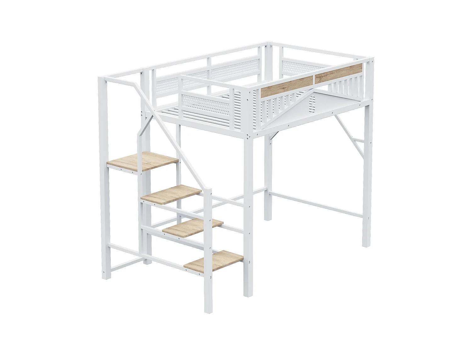 Cama mezanino de metal branco 140x200 cm com segurança e espaço de armazenamento para crianças