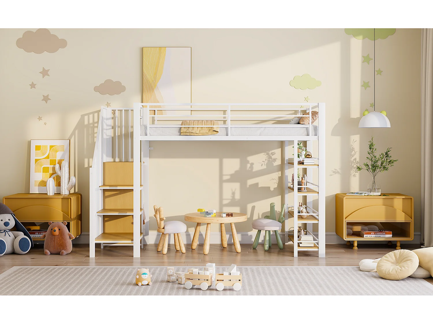 Soppalco illuminato 90x200 in metallo con scala e pensile bianca per camera da letto per bambini