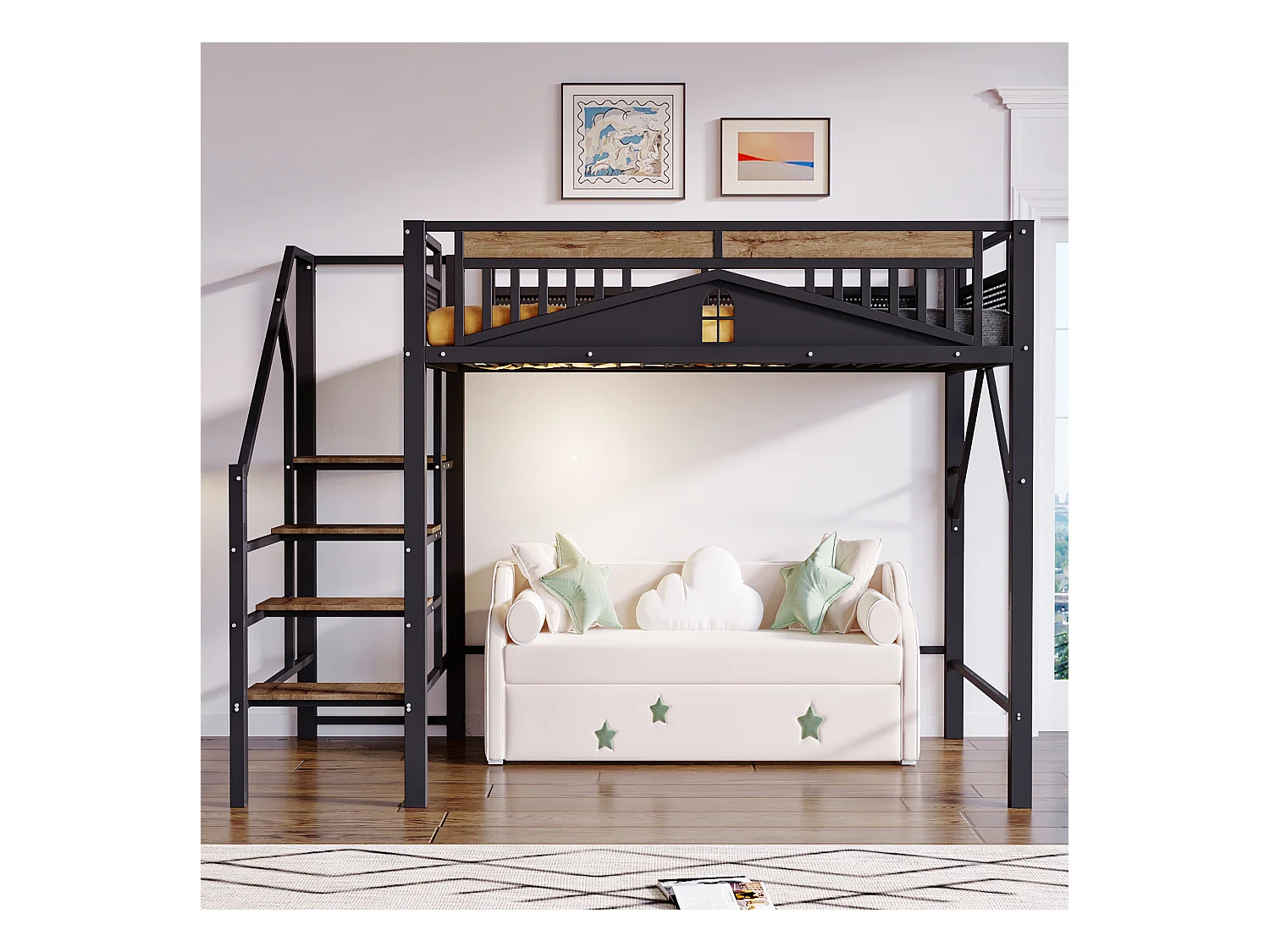 Cama mezanino de metal 140x200 cm com espaço de segurança e armazenamento na cor preta para crianças